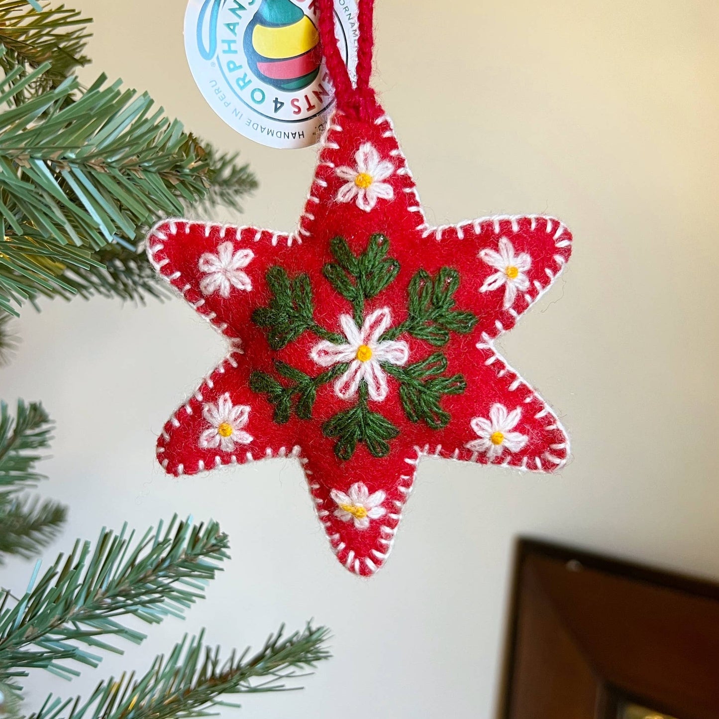 Red Six Pointed Star Embroidered Wool Ornament
