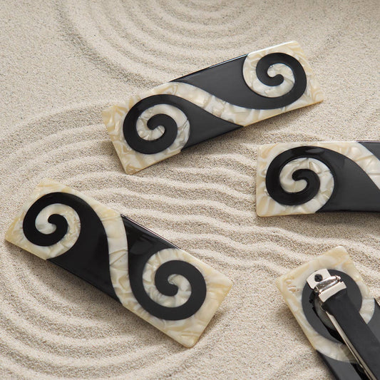 Twin Spiral French Barrette Clip in Black and Cream Acetate
