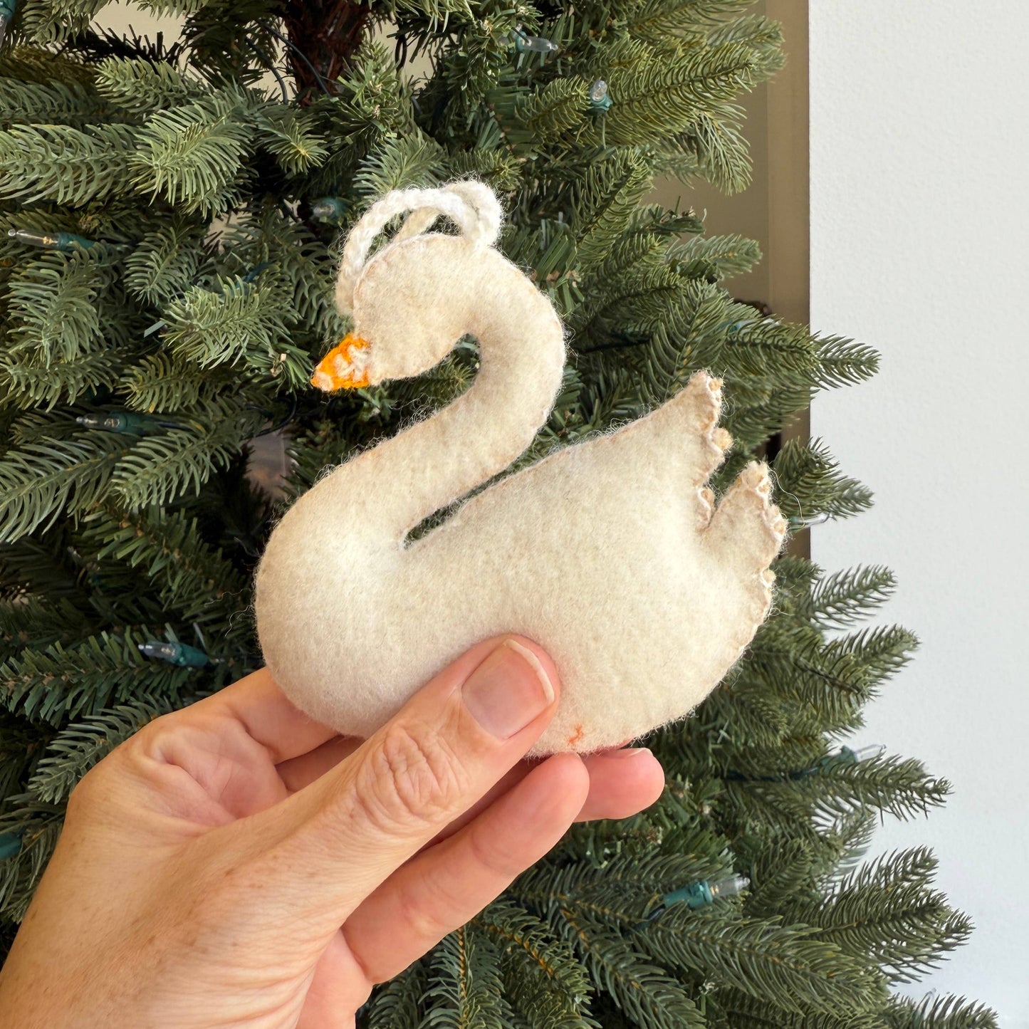 Swan with Branch Embroidered Wool Christmas Ornament