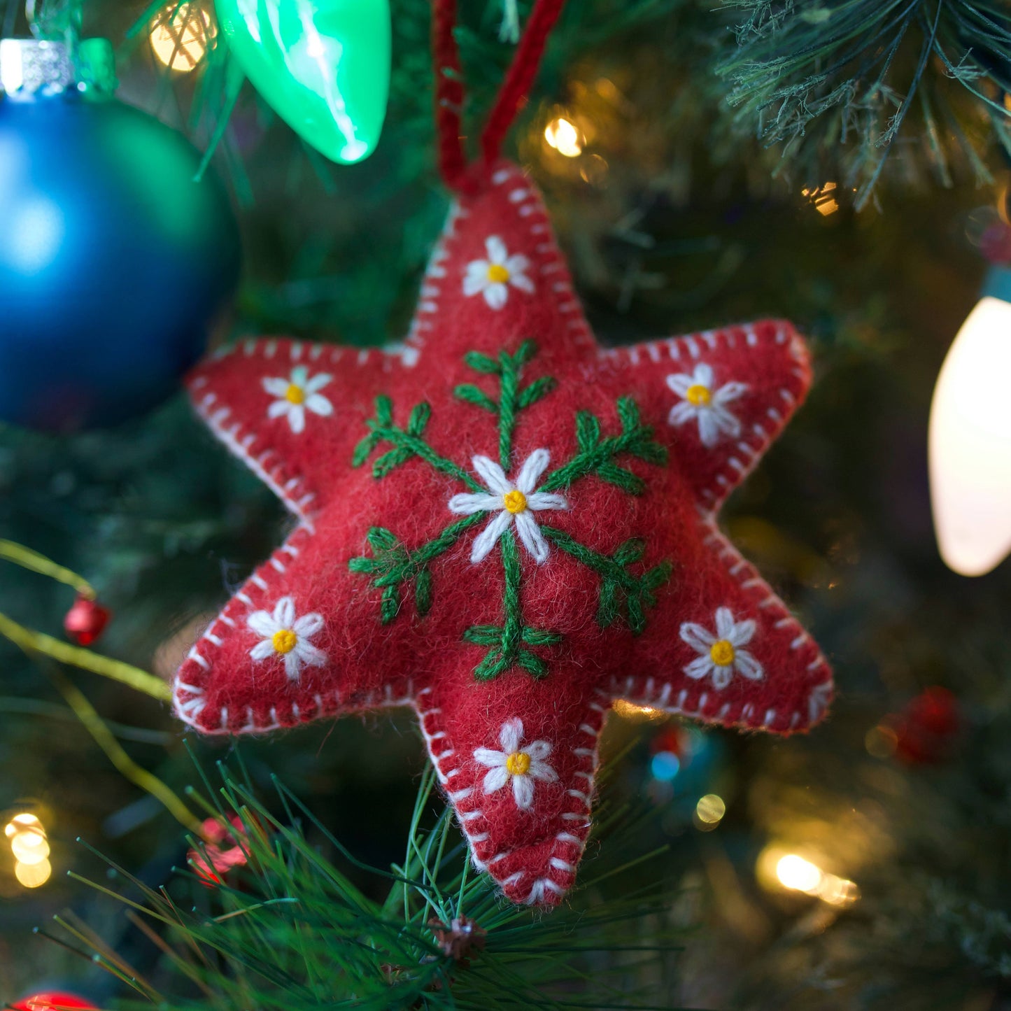 Red Six Pointed Star Embroidered Wool Ornament