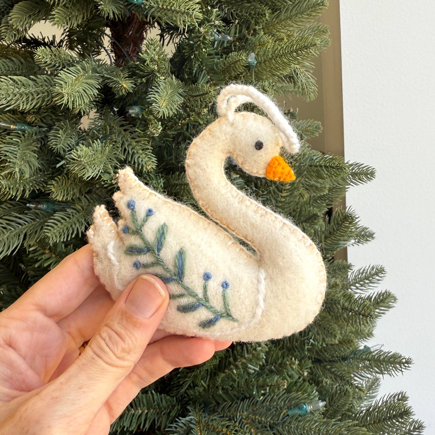 Swan with Branch Embroidered Wool Christmas Ornament