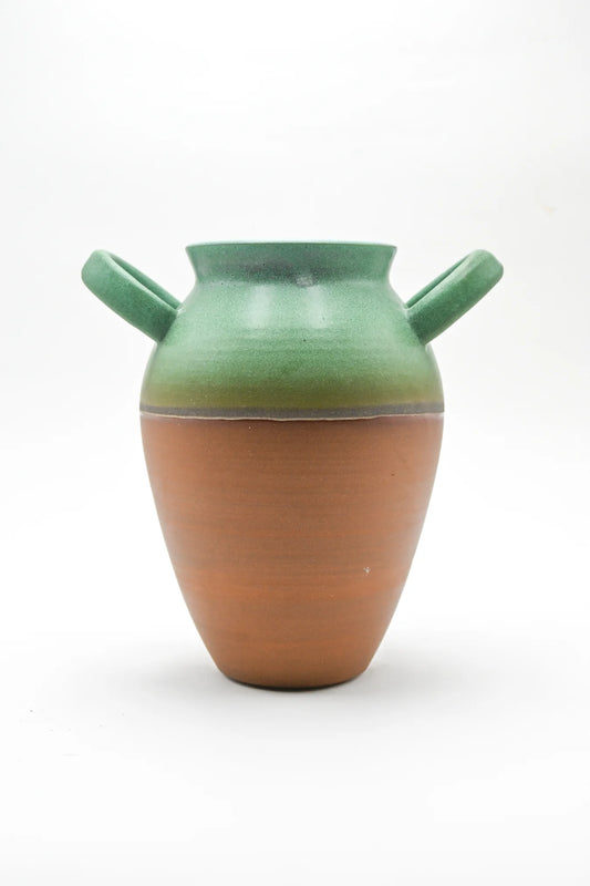Green and Terracotta Ceramic Vase With Handles