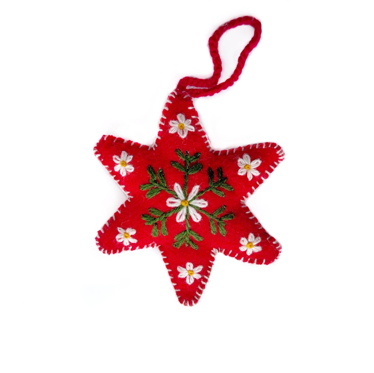 Red Six Pointed Star Embroidered Wool Ornament