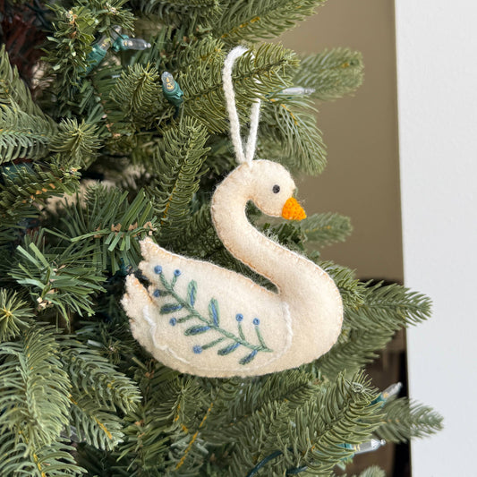 Swan with Branch Embroidered Wool Christmas Ornament