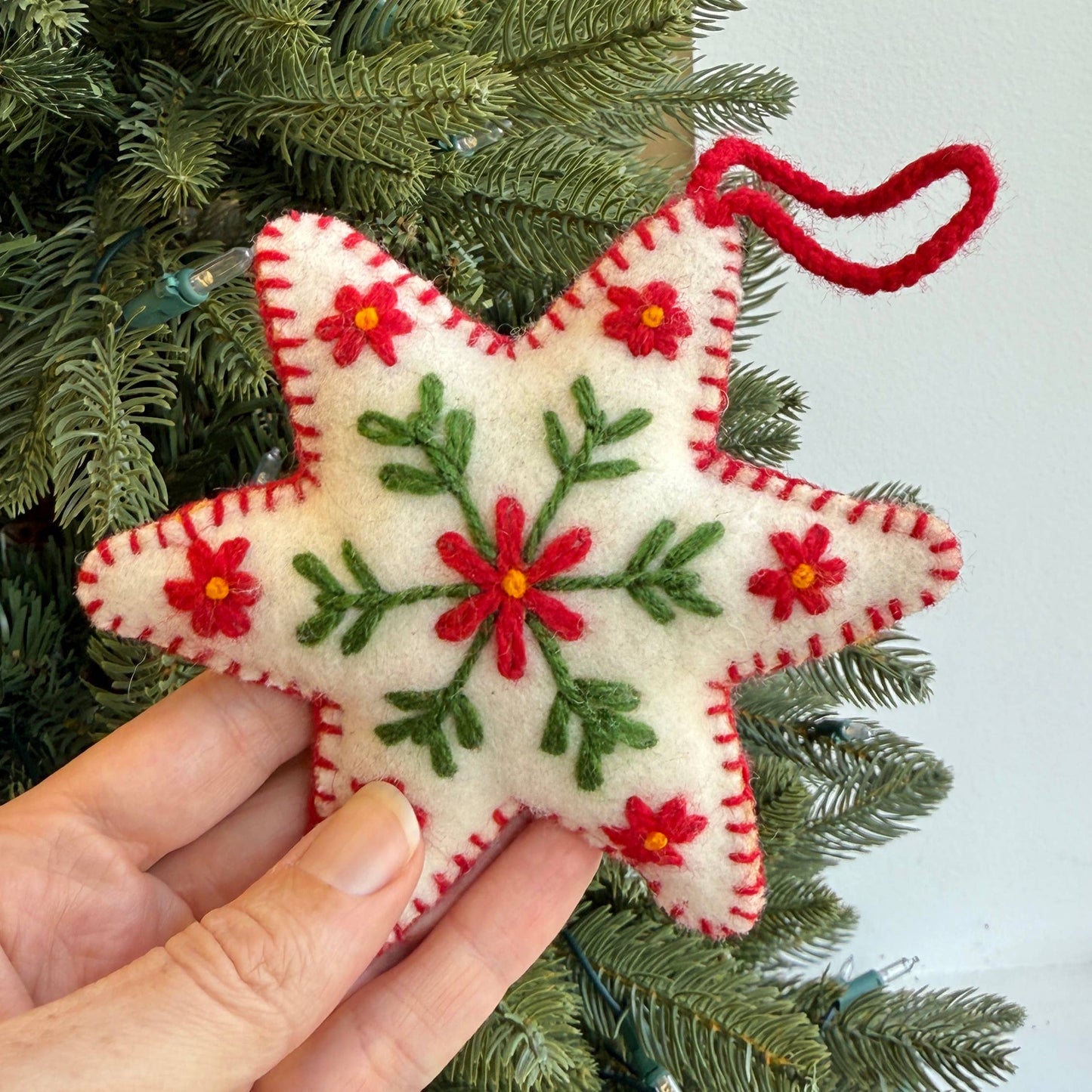 White Six Pointed Star Embroidered Wool Christmas Ornament