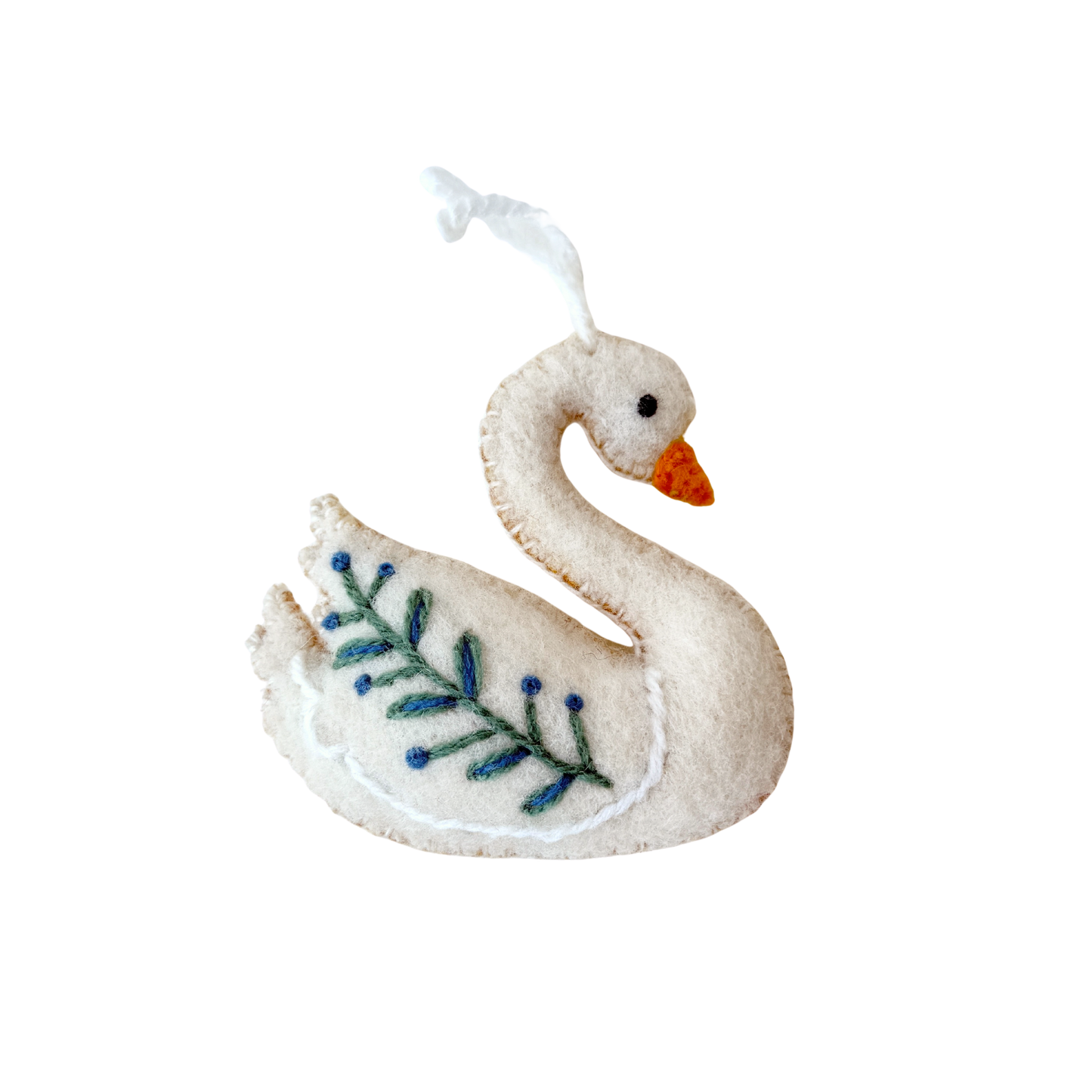 Swan with Branch Embroidered Wool Christmas Ornament