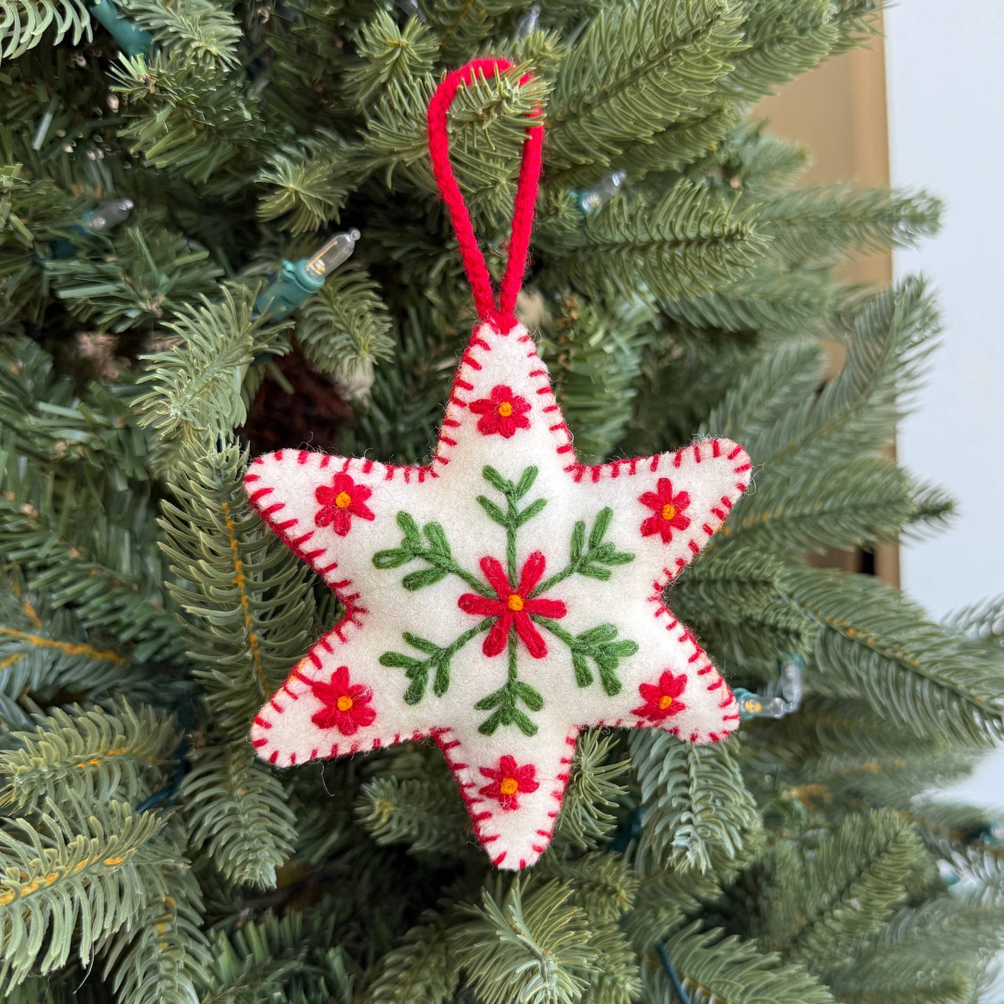 White Six Pointed Star Embroidered Wool Christmas Ornament
