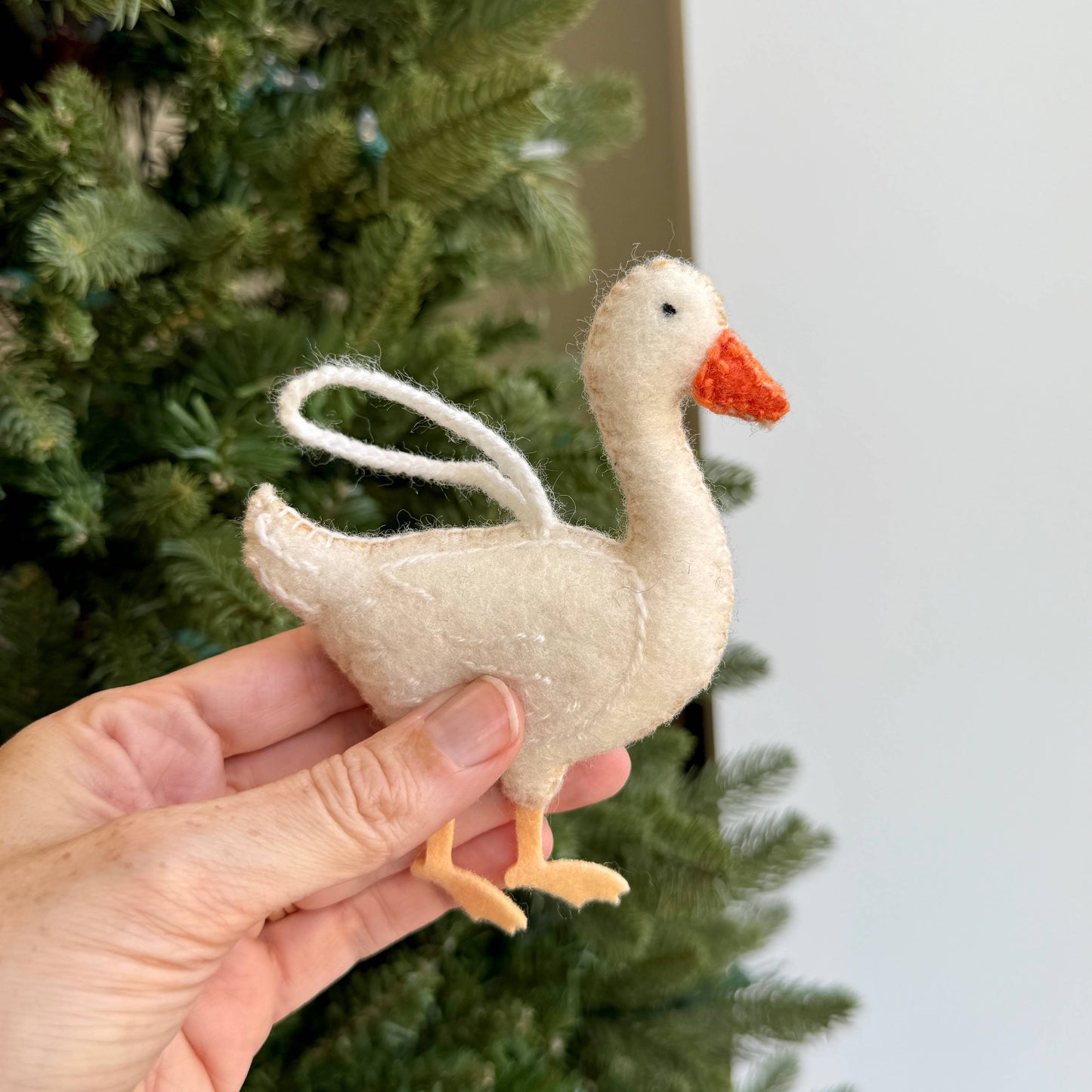 White Goose Embroidered Wool Christmas Ornament
