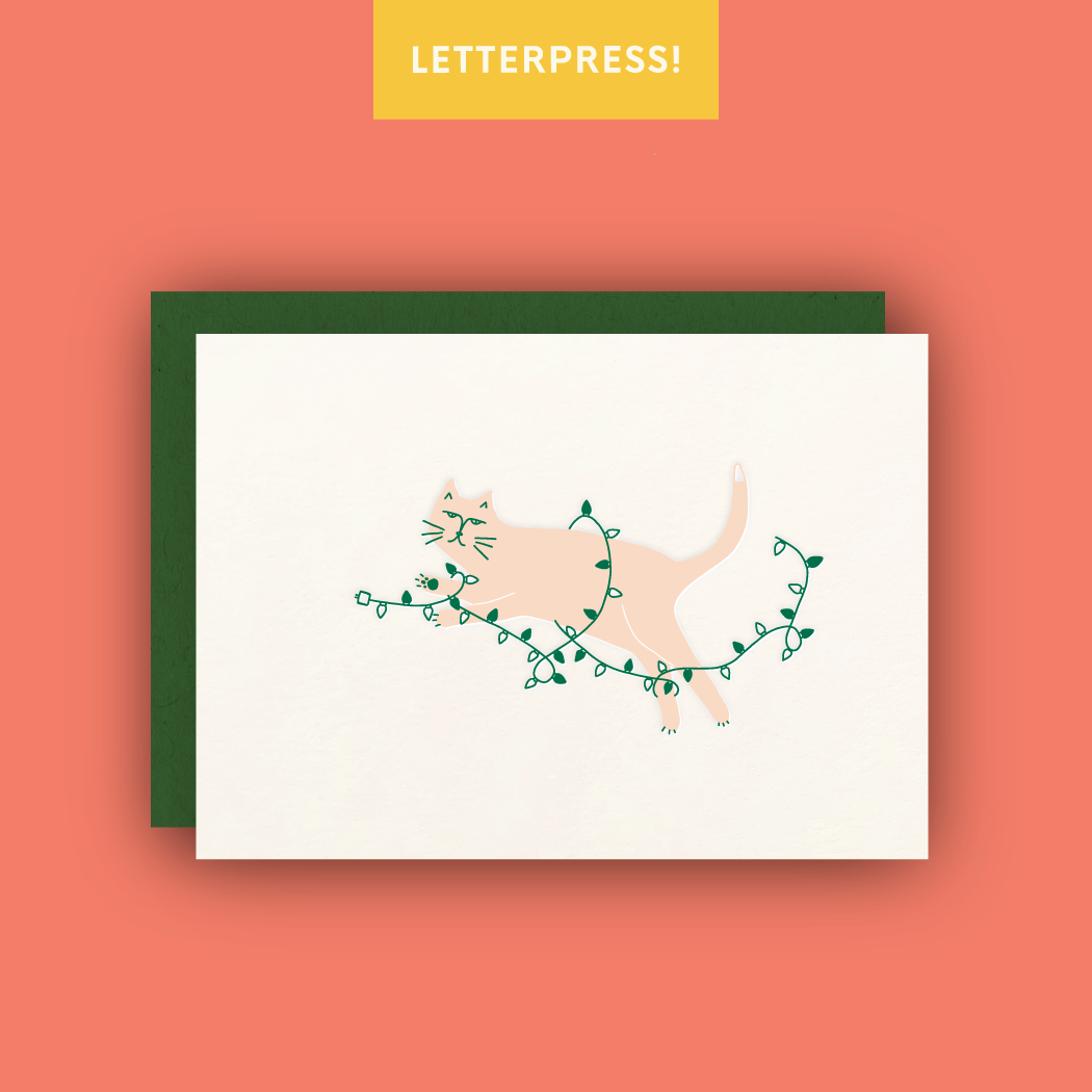 Cat Tangled in Holiday Lights Letterpress Greeting Card