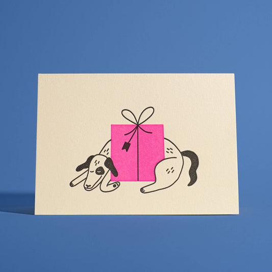 Dog with Present Letterpress Greeting Card