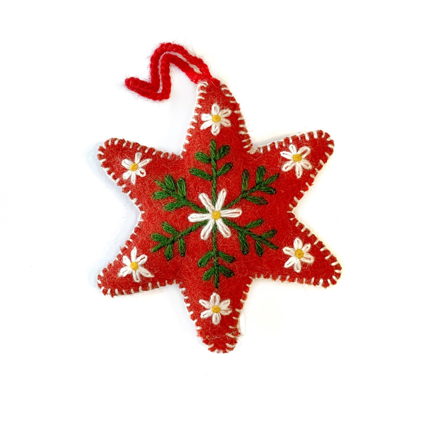 Red Six Pointed Star Embroidered Wool Ornament