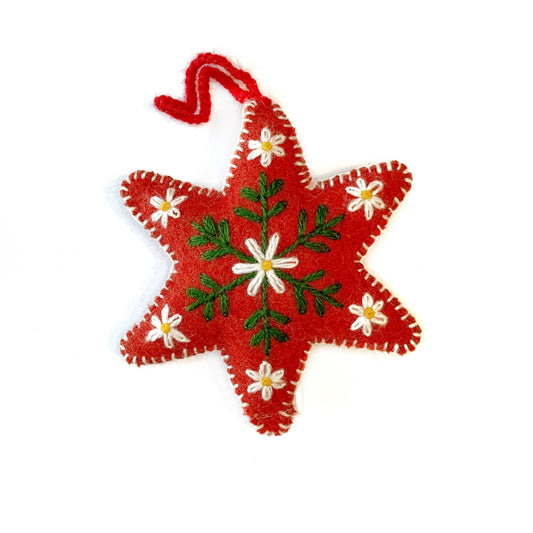 Red Six Pointed Star Embroidered Wool Ornament